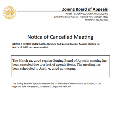 Zoning Board of Appeals: Notice of Cancelled Meeting