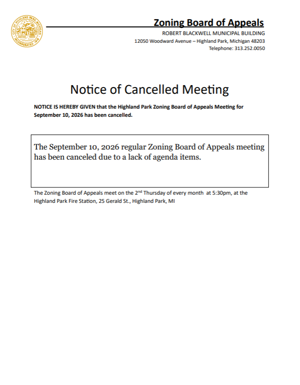 Zoning Board of Appeals Meeting 9/10/2026 Cancelled