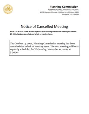 Highland Park Planning Commission Meeting Cancelled for October 15, 2026